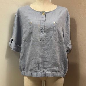 ELLEN Tracy Light Blue Linen Capped Sleeve Crop Elastic Waist Top size L
